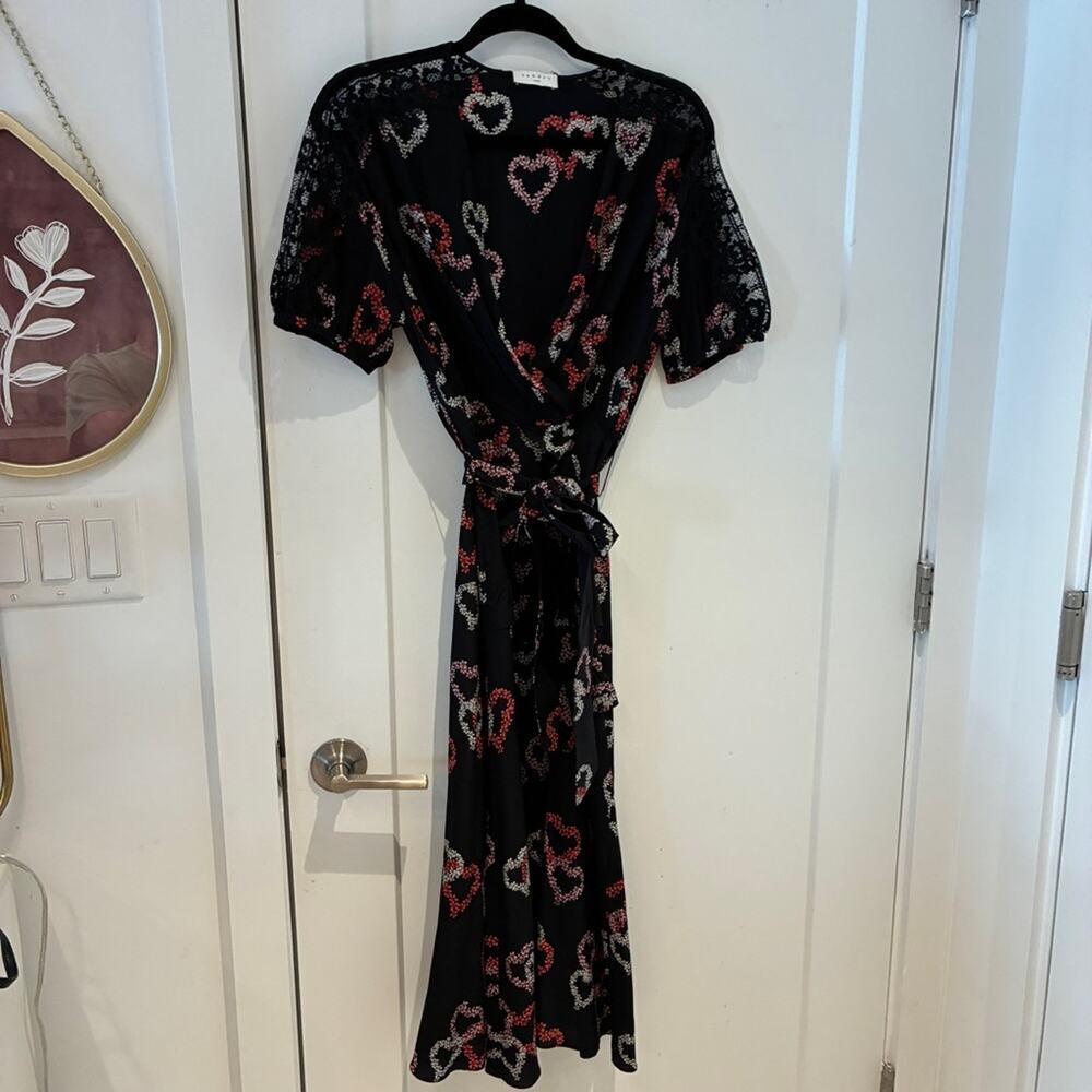 Sandro Black 100% Silk Floral Heart Print Midi Dress Small - Picture 3 of 14